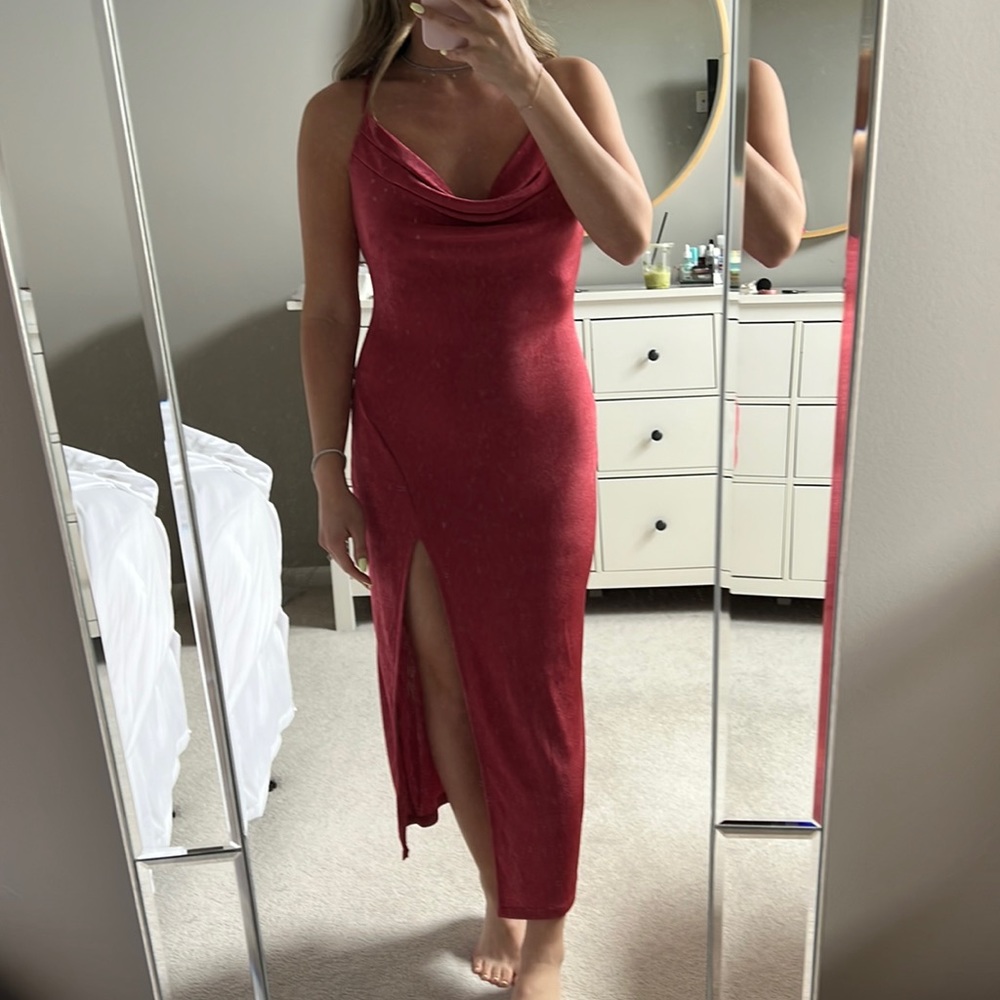 Carter slip dress. Pink cowl neck.